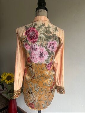 Arrata Silent Journey Floral Embroidered Boho Striped Button Down Top Size XS